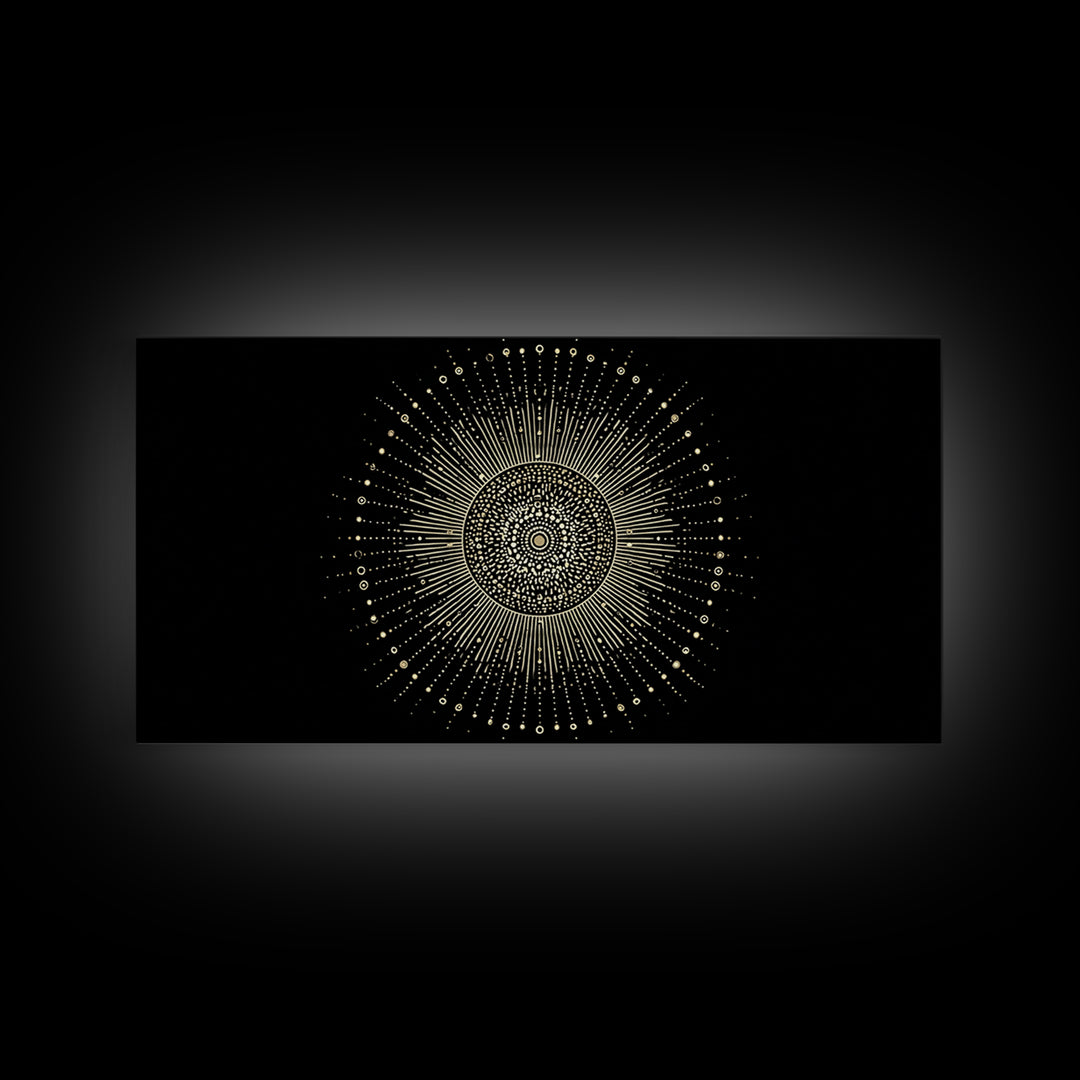 Gold Radiant Sunburst Wall Art, Midcentury Modern Art, Black Gold Frame Decor, Celestial Geometric Print, Retro Home Decor