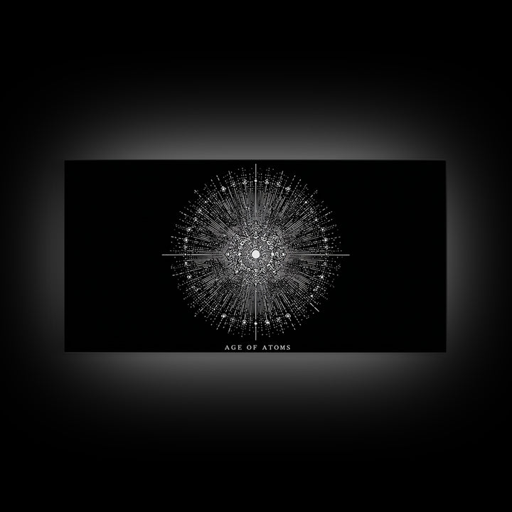 Age Of Atoms Starburst Wall Art, Midcentury Modern Art, Black White Space Poster, Atomic Retro Print, Science Wall Decor