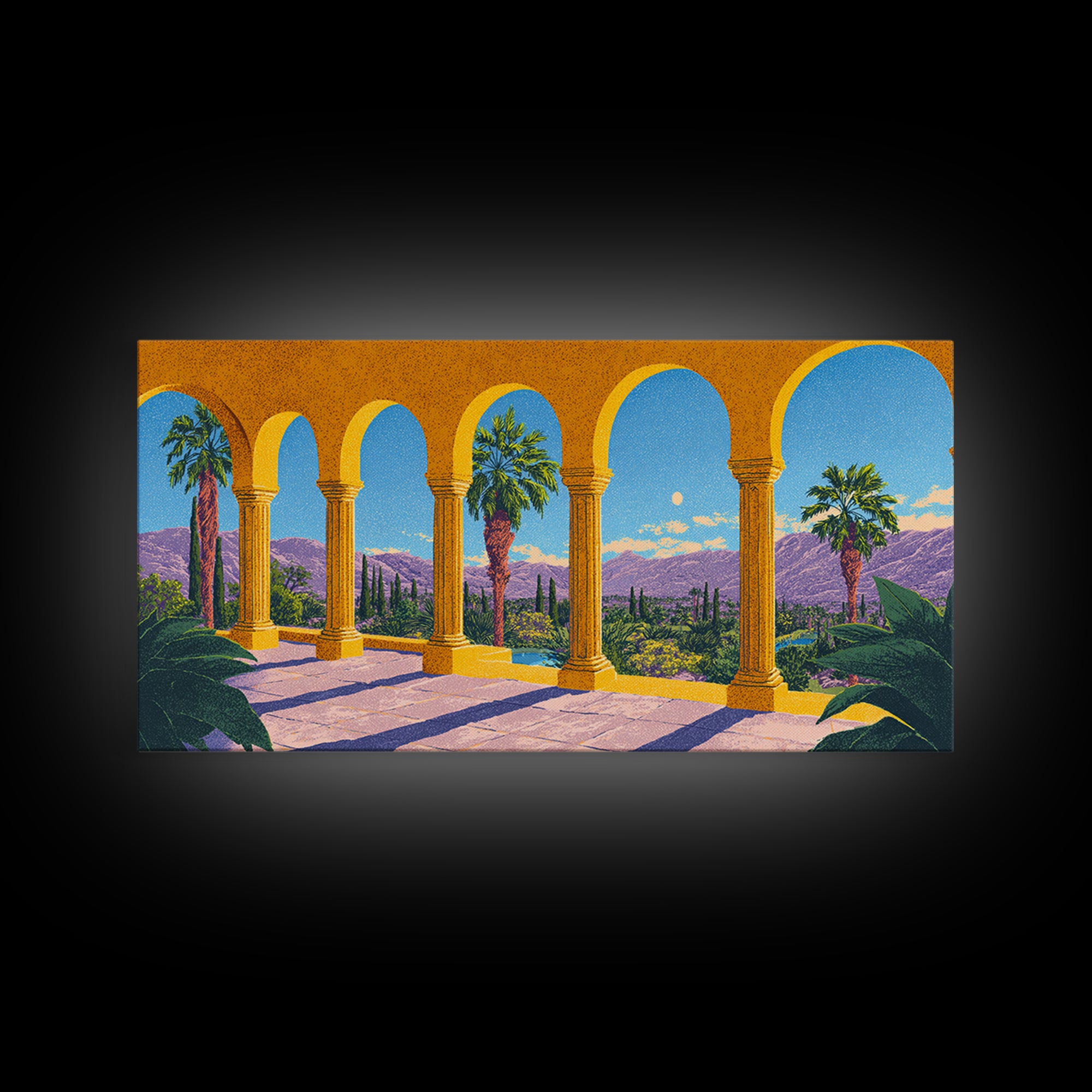 Golden Arcade Arches With Palms And Purple Mountains Wall Art, Midcentury Modern Travel Poster, Retro Palm Springs Decor