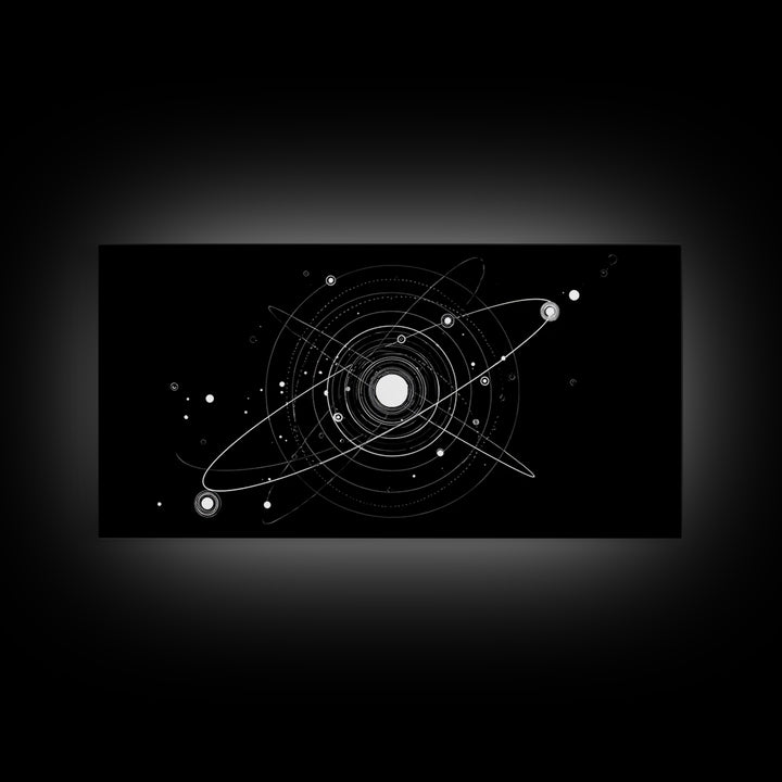 White Orbital Solar System On Black Canvas Print, Space Abstract Art, Atomic Midcentury Decor, Sci Fi Office Wall Decor Print