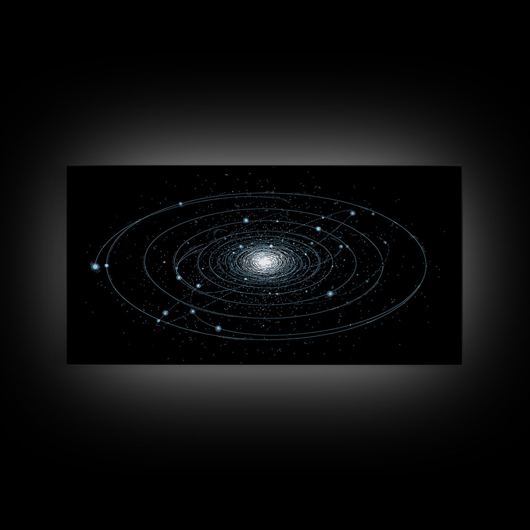 Blue Spiral Galaxy Orbits On Black Canvas Print, Space Abstract Wall Art, Cosmic Modern Decor, Sci Fi Office Poster Print