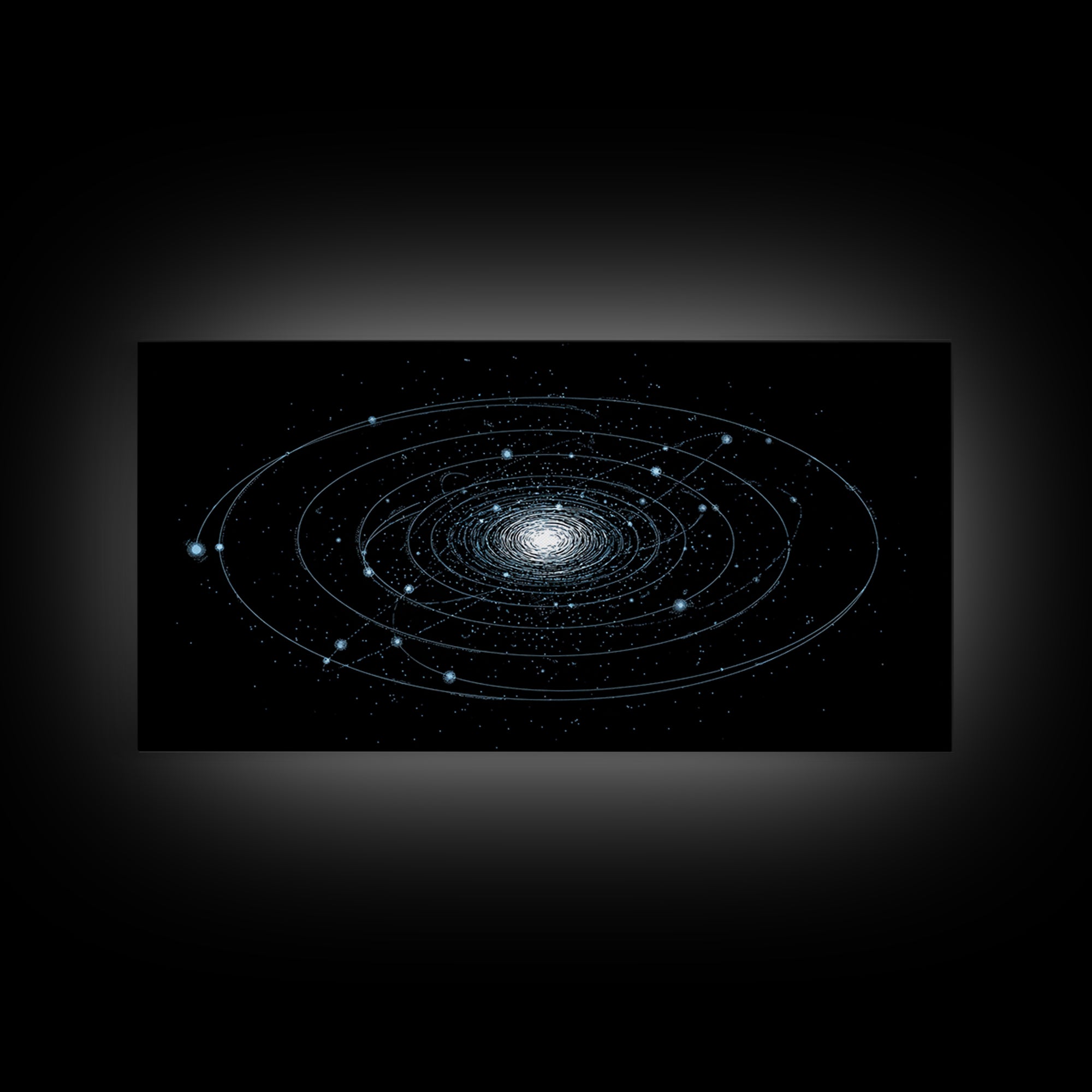 Blue Spiral Galaxy Orbits On Black Canvas Print, Space Abstract Wall Art, Cosmic Modern Decor, Sci Fi Office Poster Print