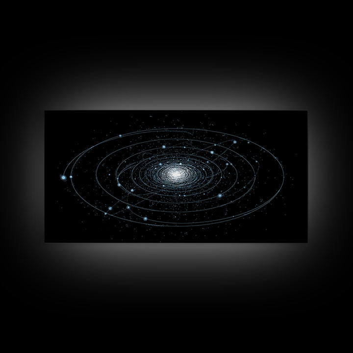 Blue Spiral Galaxy Orbits On Black Canvas Print, Space Abstract Wall Art, Cosmic Modern Decor, Sci Fi Office Poster Print