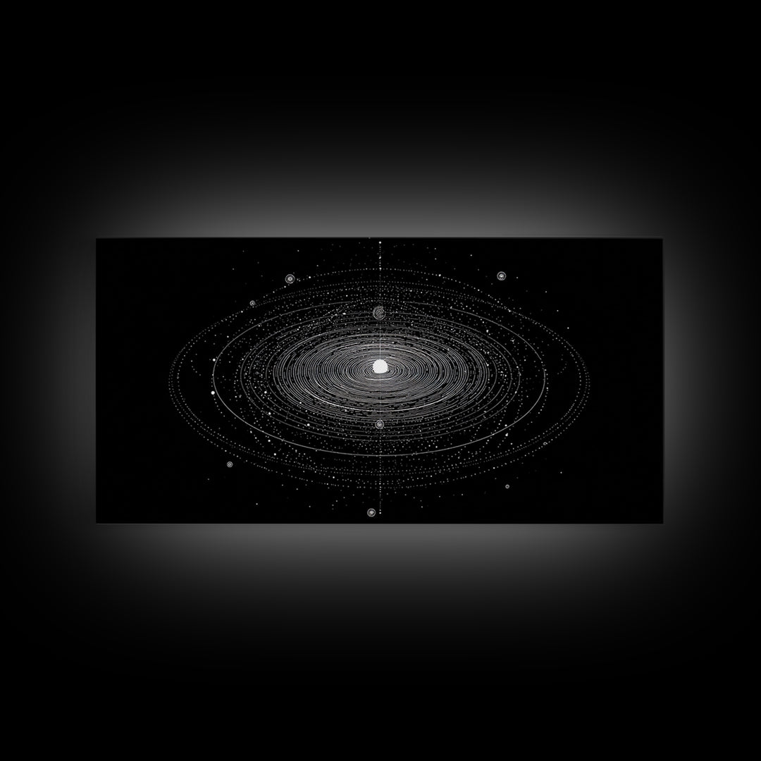Black White Planetary Orbit Rings Canvas Print, Space Abstract Art, Minimal Modern Wall Decor, Sci Fi Office Poster Print