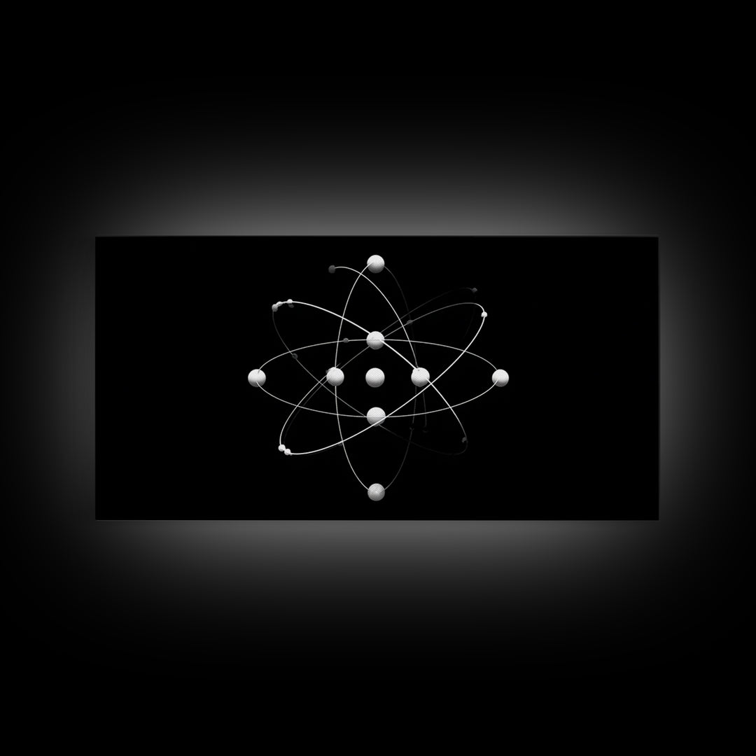 White Atomic Model On Black Canvas Print, Science Space Wall Art, Midcentury Modern Decor, Minimalist Office Poster Print