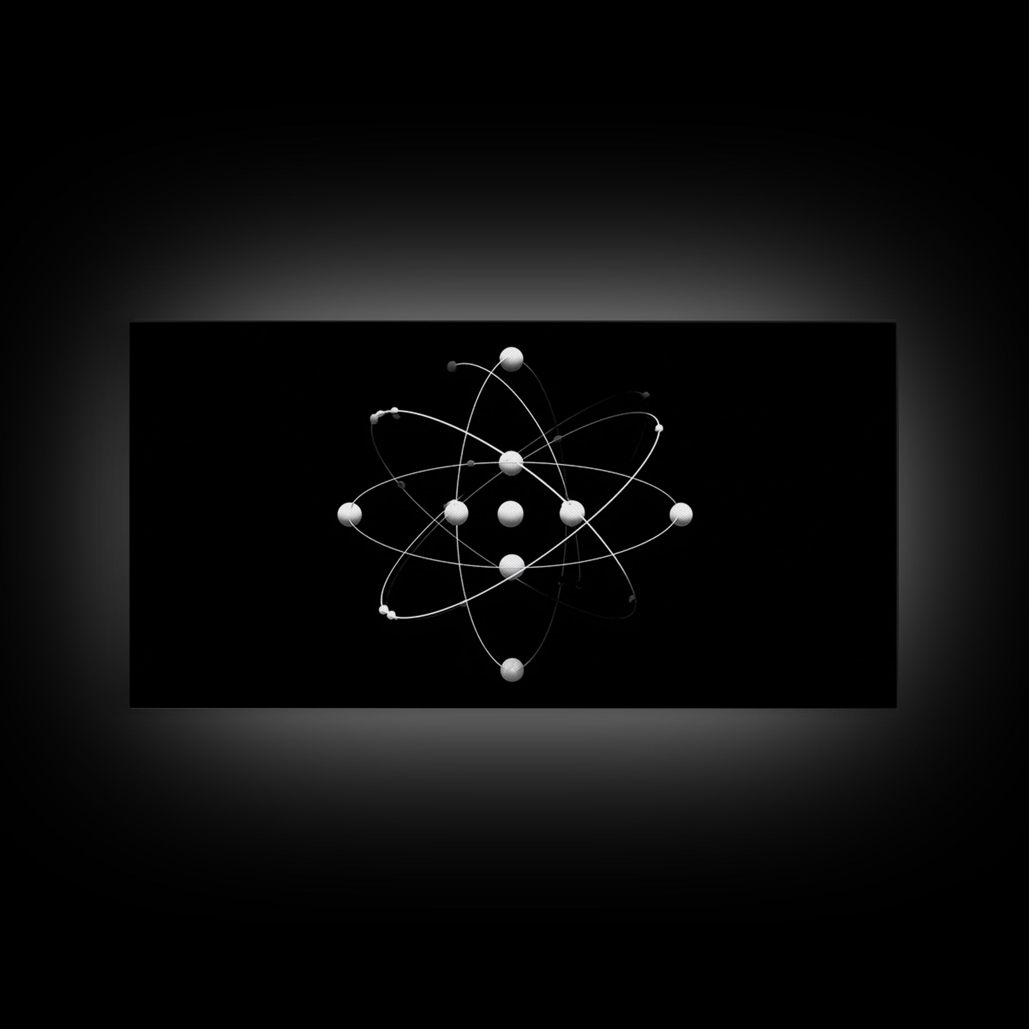 White Atomic Model On Black Canvas Print, Science Space Wall Art, Midcentury Modern Decor, Minimalist Office Poster Print