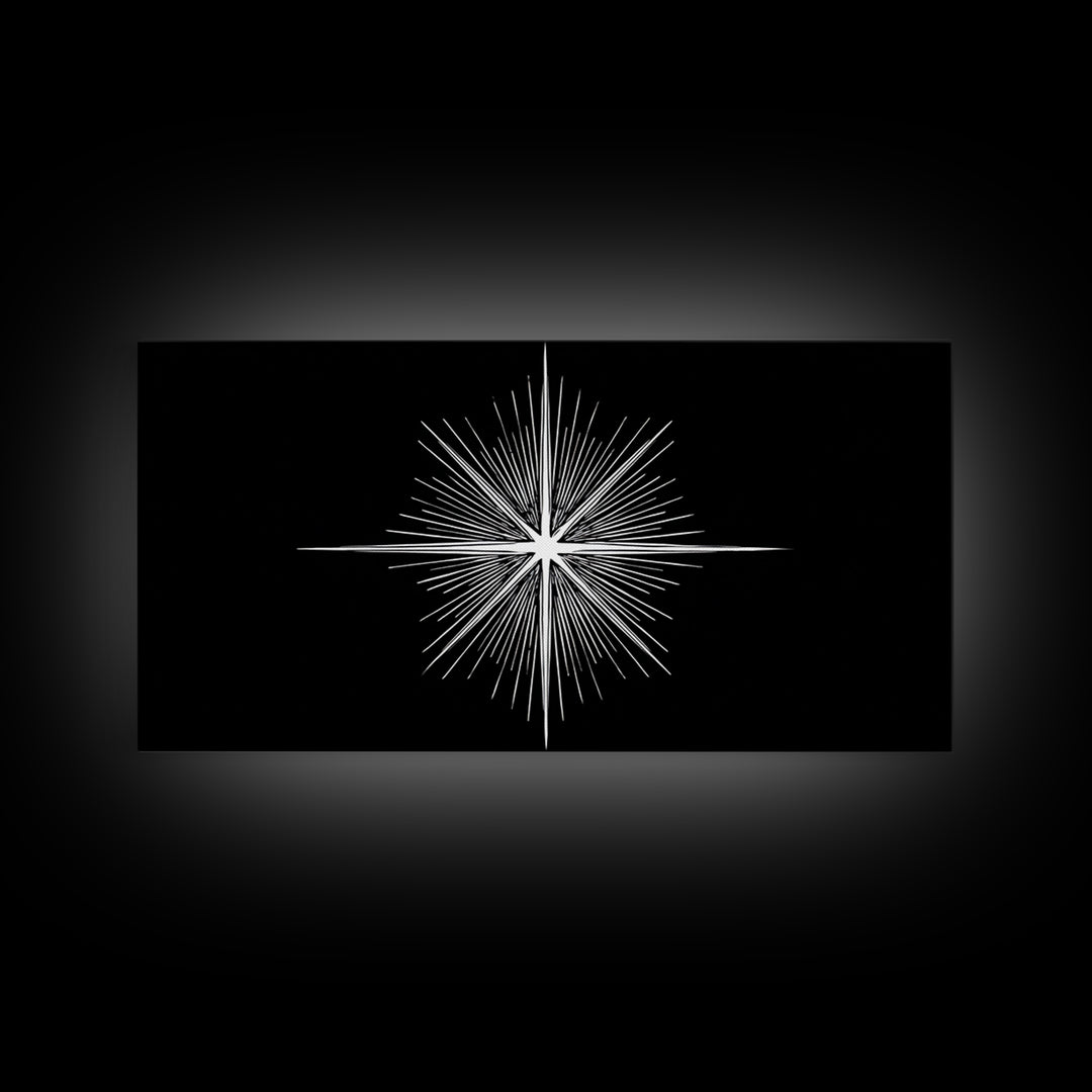 Radiant White Starburst On Black Canvas Print, Atomic Midcentury Wall Art, Minimal Modern Decor, Sci Fi Office Poster Print