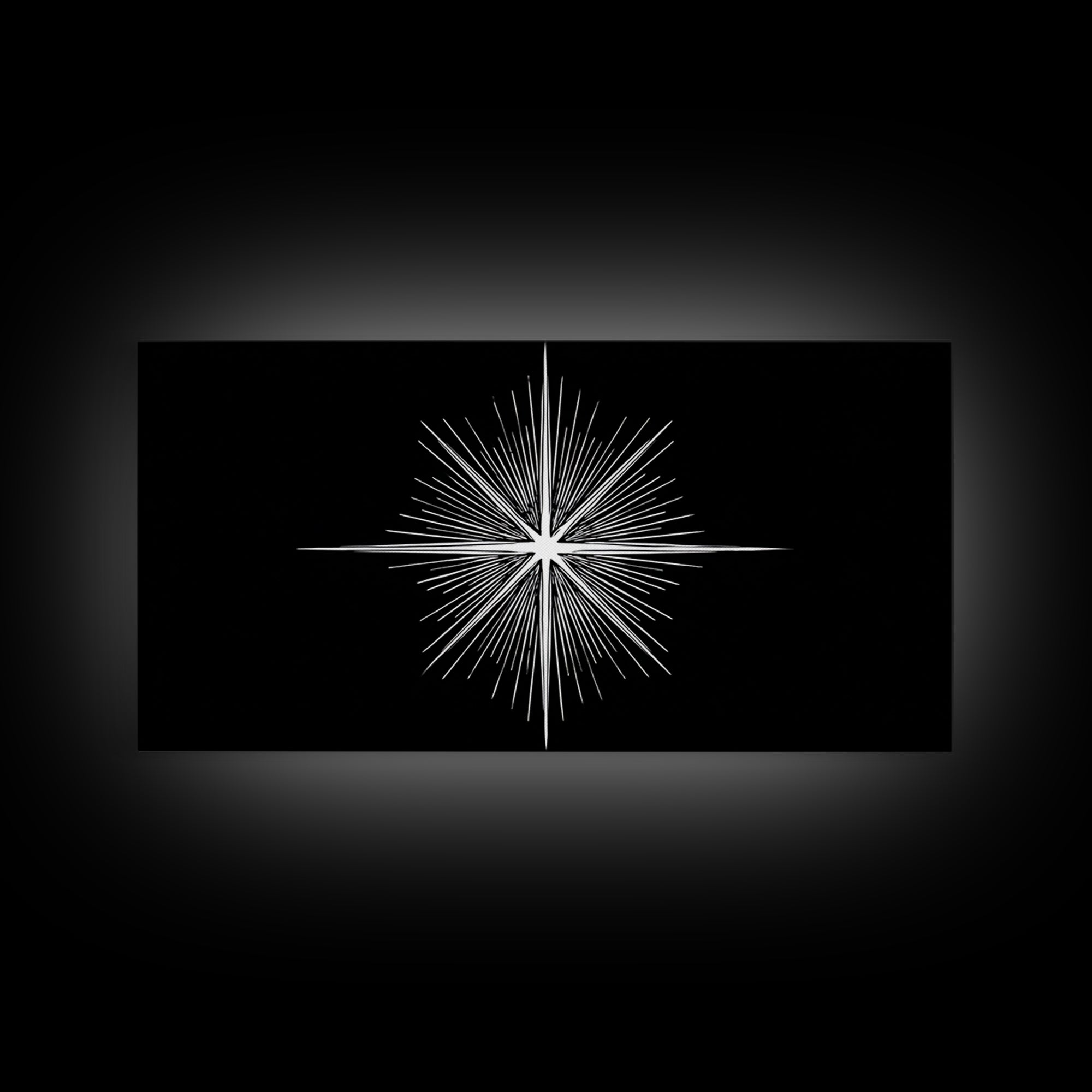 Radiant White Starburst On Black Canvas Print, Atomic Midcentury Wall Art, Minimal Modern Decor, Sci Fi Office Poster Print