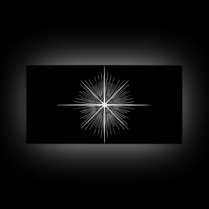 Radiant White Starburst On Black Canvas Print, Atomic Midcentury Wall Art, Minimal Modern Decor, Sci Fi Office Poster Print