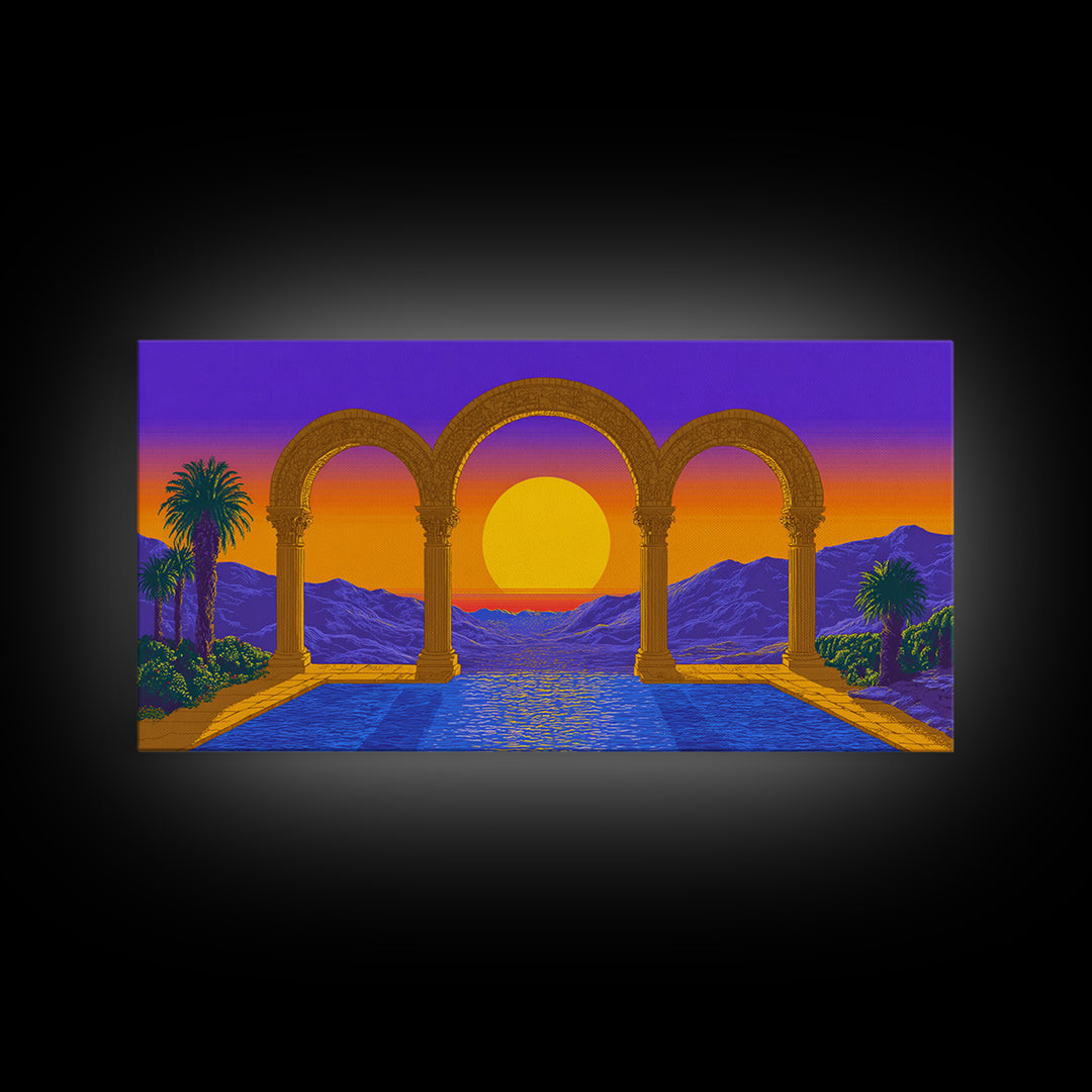 Sunset Arches Over Blue Pool And Mountains Canvas Print, Midcentury Modern Wall Decor, Retro Travel Poster For Living Room