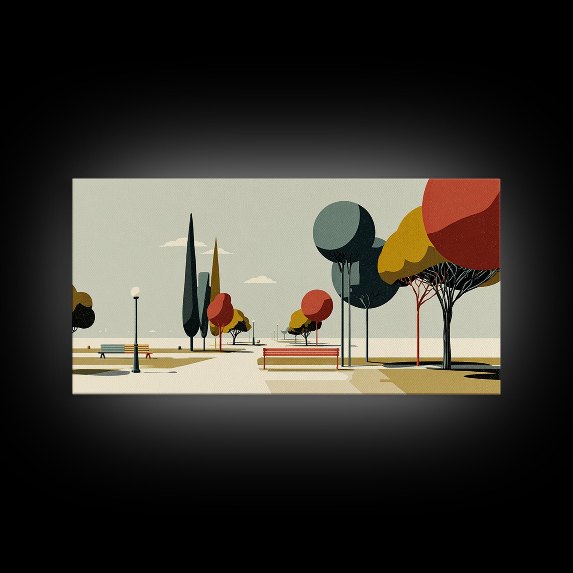 Colorful Park Promenade Canvas Print, Midcentury Modern Wall Art, Retro Landscape Poster, Scenic Home Office Decor Print Gift