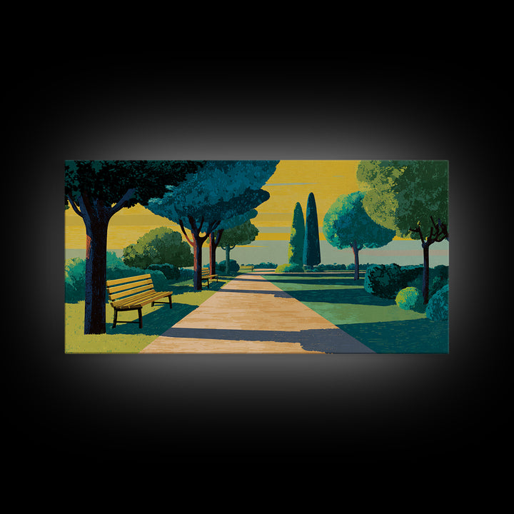 Sunlit Garden Path Framed Canvas Print, Midcentury Modern Wall Art, Scenic Landscape Poster, Green Home Office Decor Gift