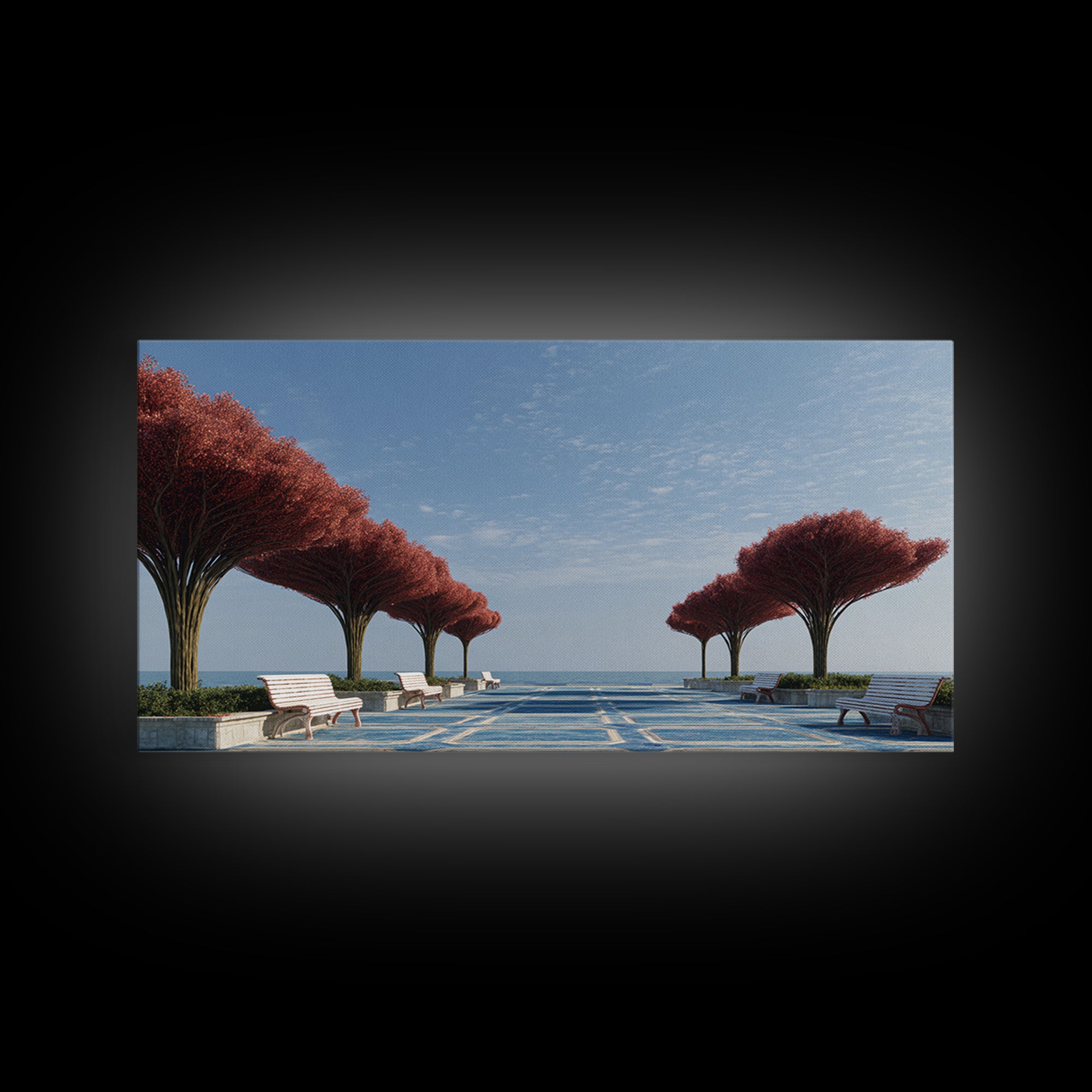 Seaside Promenade With Red Trees Wall Art, Modern Coastal Landscape Print, Midcentury Decor, Blue Ocean Living Room Decor