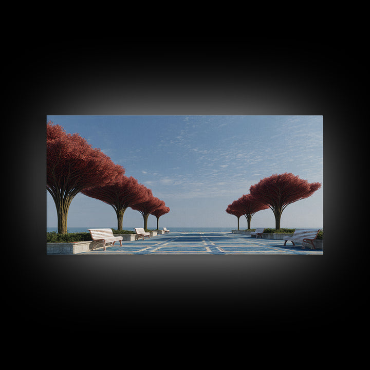 Seaside Promenade With Red Trees Wall Art, Modern Coastal Landscape Print, Midcentury Decor, Blue Ocean Living Room Decor