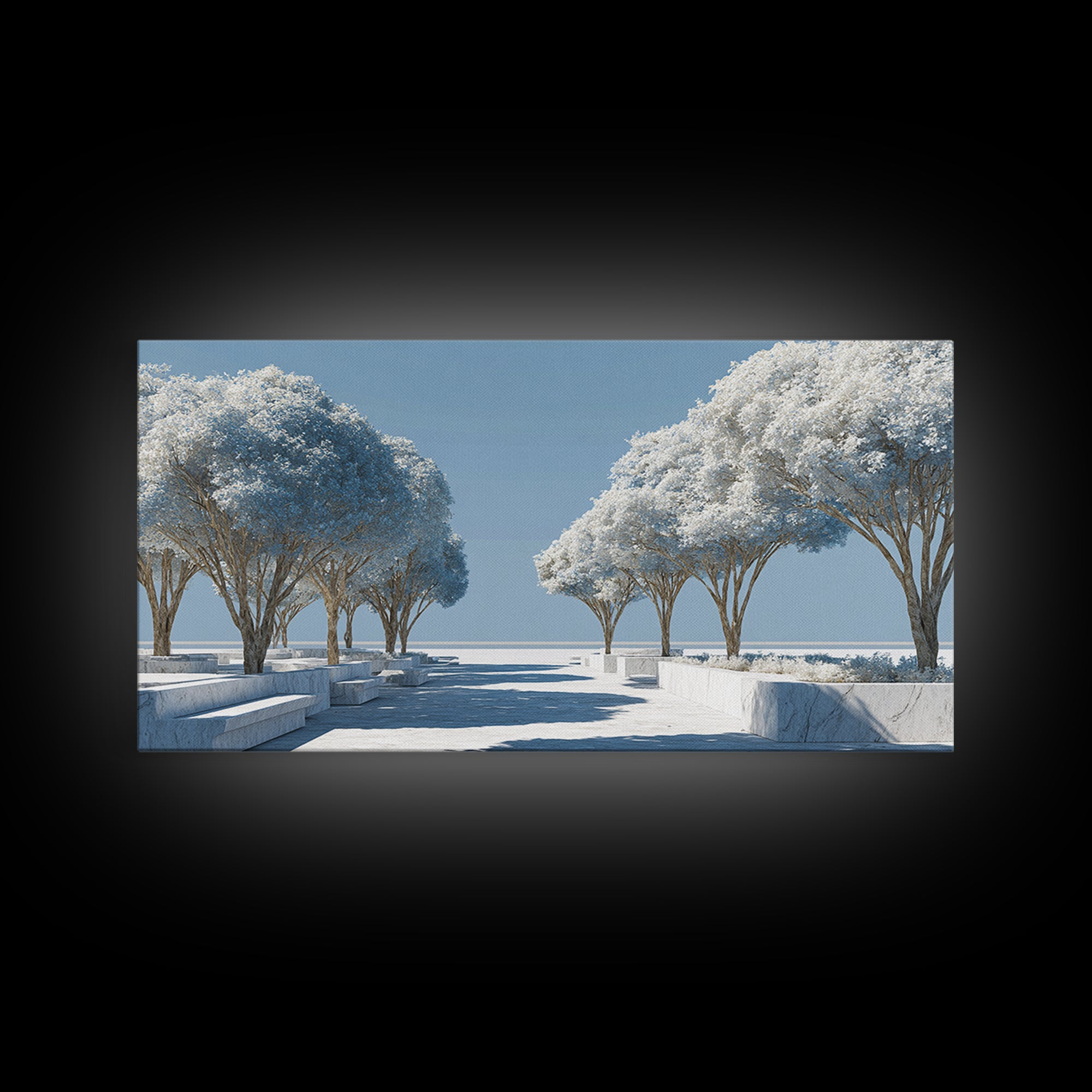 White Winter Tree Promenade Wall Art, Modern Coastal Landscape Print, Minimalist Blue Scenic Decor, Calm Living Room Poster