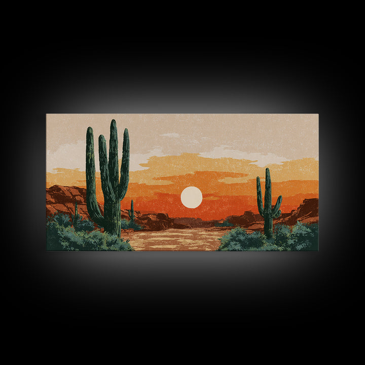 Saguaro Desert Sunset Canvas Print, Midcentury Wall Art, Retro Southwestern Decor, Orange Cactus Landscape Poster Gift For Home