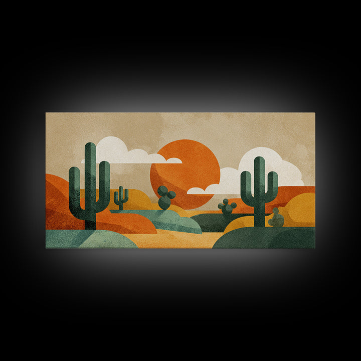 Abstract Cactus Desert Sun Wall Art, Midcentury Modern Print, Retro Orange Southwestern Decor, Geometric Landscape Poster