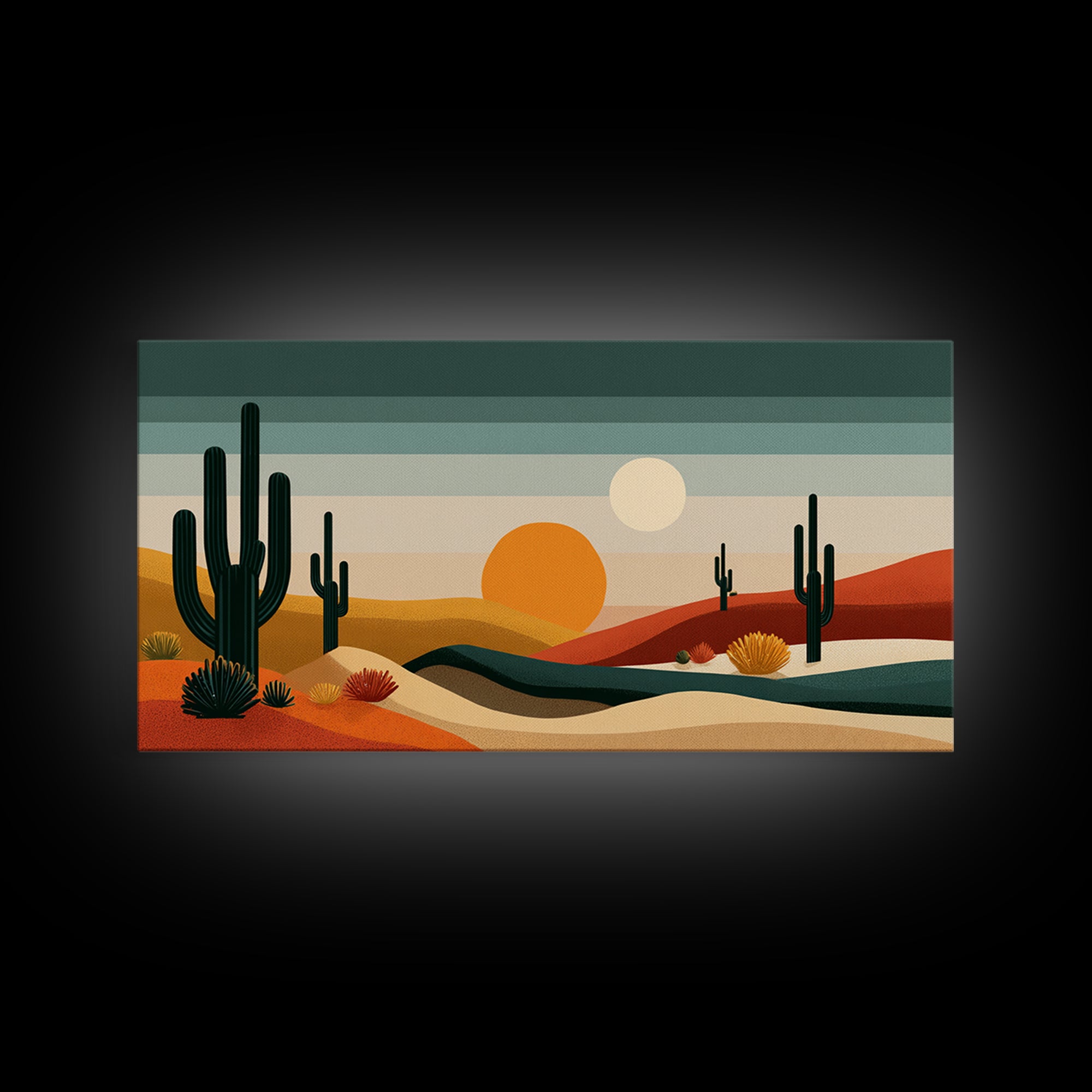 Modern Cactus Dunes Canvas Print, Midcentury Desert Wall Art, Southwestern Landscape Poster, Orange Sun Home Office Decor