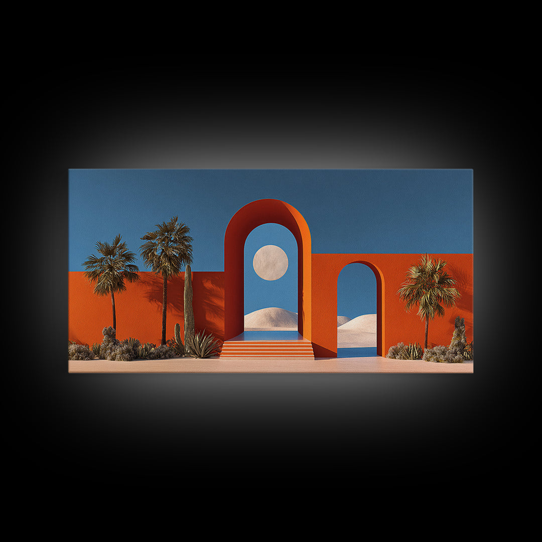 Orange Desert Portal With Moon Palms And White Dunes Wall Art, Midcentury Modern Southwest Decor, Palm Springs Landscape Print