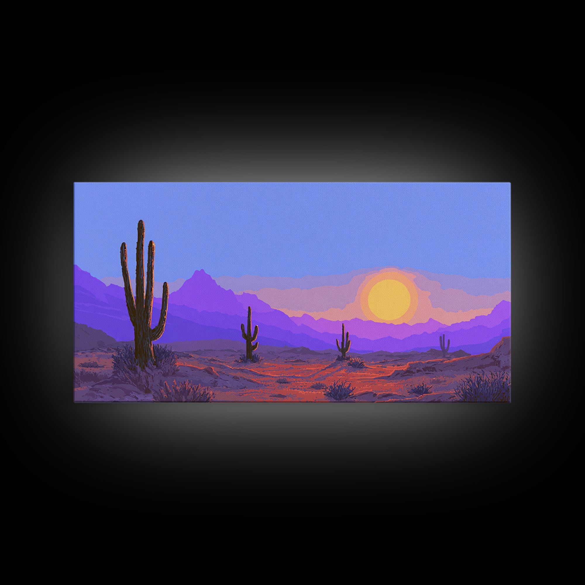 Purple Desert Mountains Canvas Print, Retro Cactus Sunset Wall Art, Midcentury Modern Landscape Poster, Colorful Home Decor