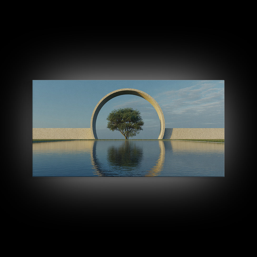Circular Arch Tree Reflection Wall Art, Modern Landscape Print, Serene Water Decor, Minimalist Nature Art For Living Room