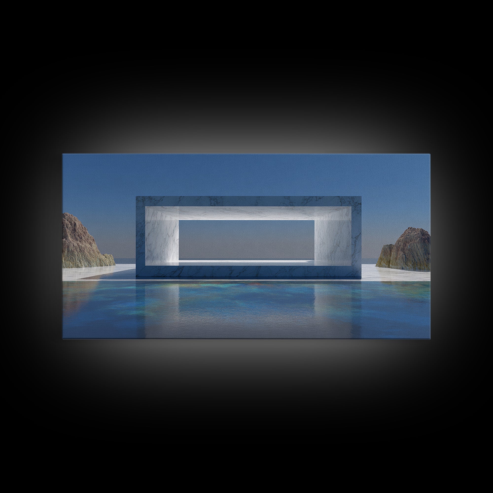 Marble Ocean Window Framed Canvas Print, Modern Architectural Wall Decor, Minimalist Coastal Art For Office And Living Room