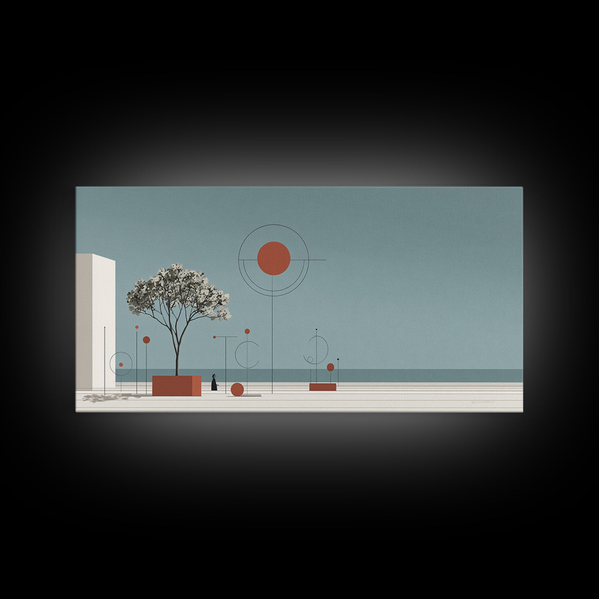 Minimal Tree With Orange Sun Canvas Print, Midcentury Modern Wall Decor, Geometric Abstract Art For Serene Calm Living Room