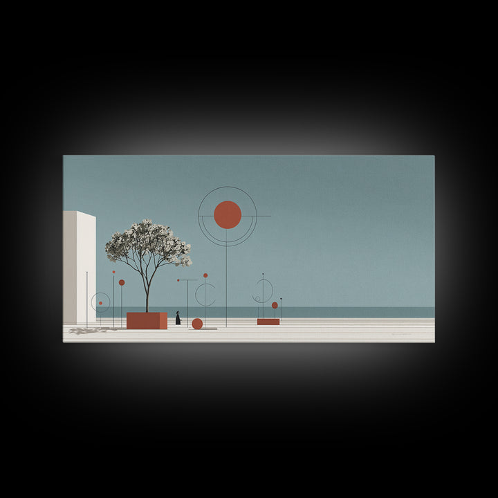 Minimal Tree With Orange Sun Canvas Print, Midcentury Modern Wall Decor, Geometric Abstract Art For Serene Calm Living Room