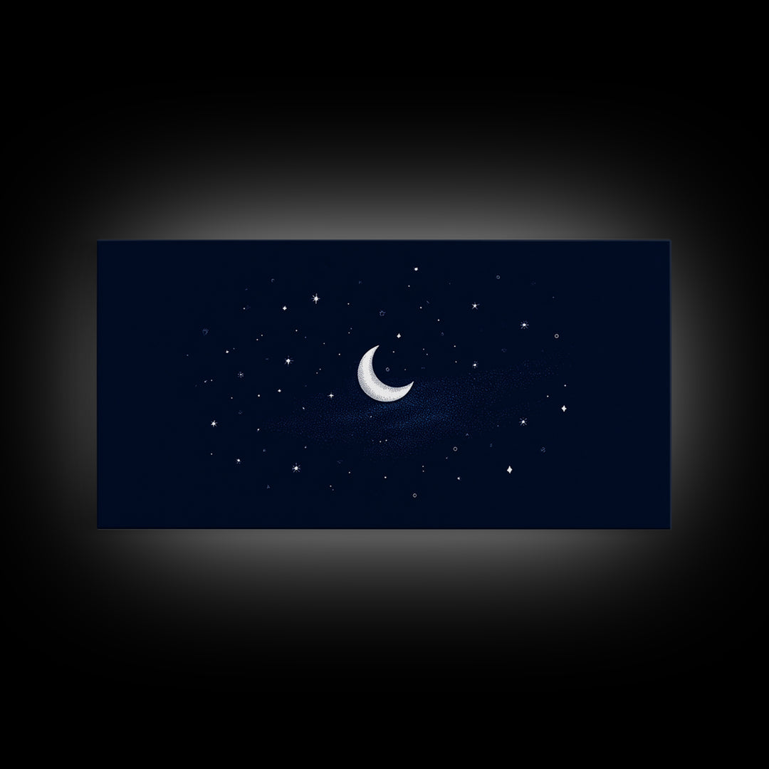 White Crescent Moon And Stars Wall Art, Dreamy Navy Celestial Night Sky Print, Minimalist Space Decor For Bedroom Or Nursery