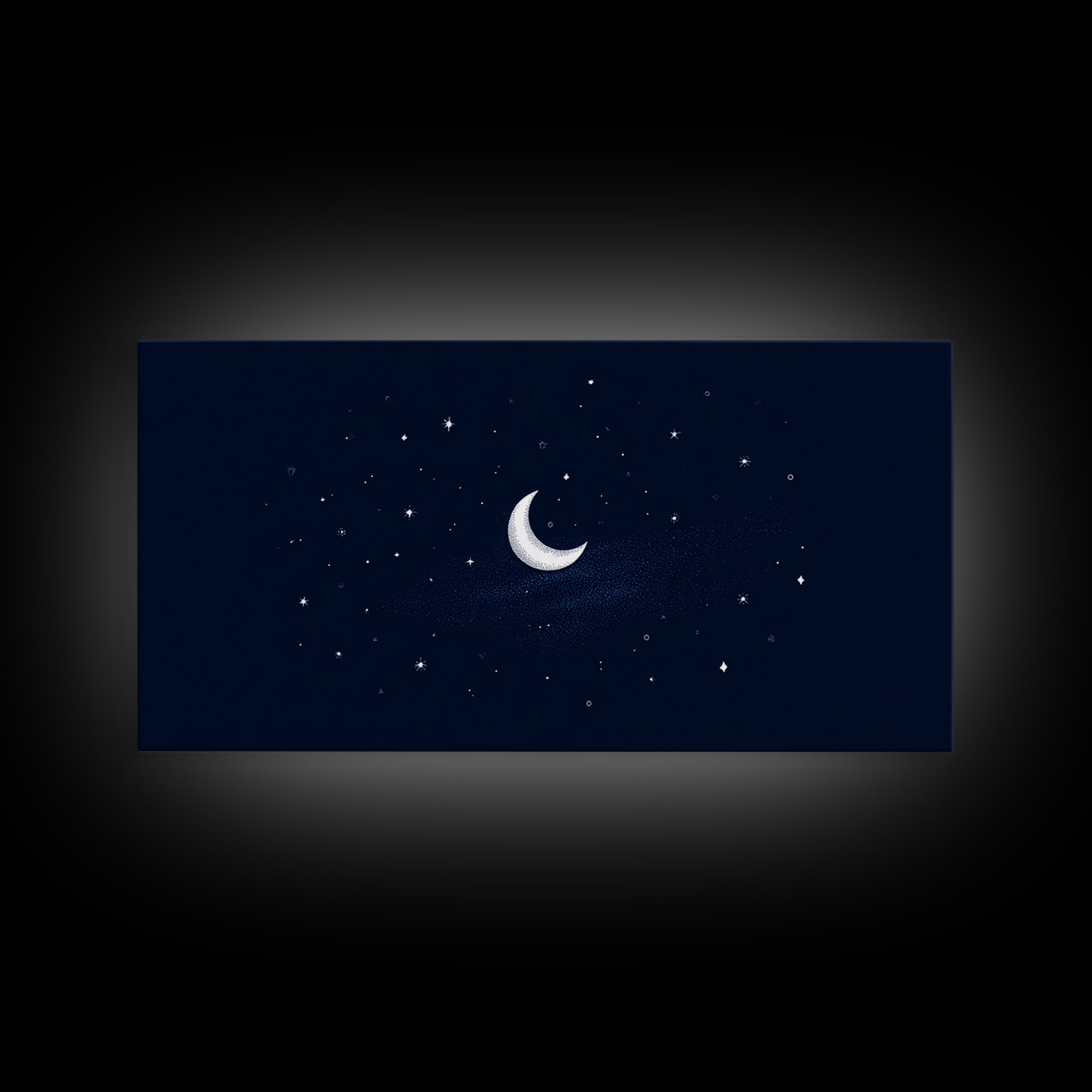 White Crescent Moon And Stars Wall Art, Dreamy Navy Celestial Night Sky Print, Minimalist Space Decor For Bedroom Or Nursery