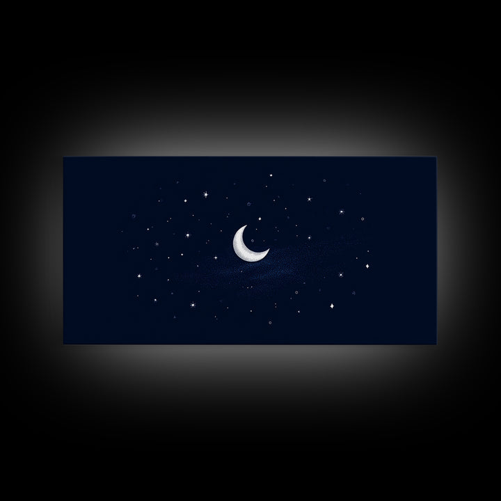 White Crescent Moon And Stars Wall Art, Dreamy Navy Celestial Night Sky Print, Minimalist Space Decor For Bedroom Or Nursery