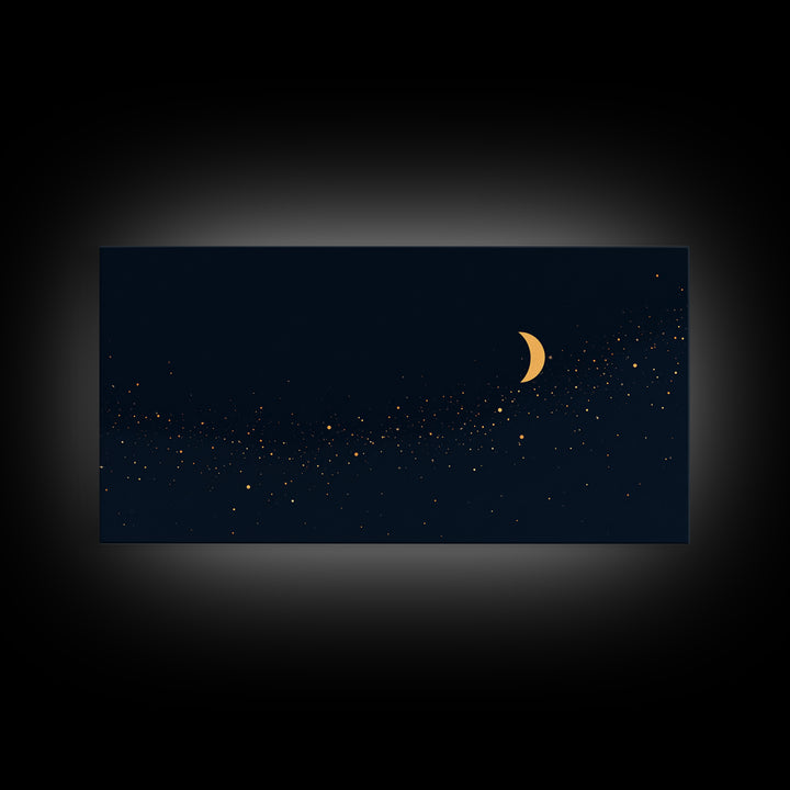 Golden Crescent Moon And Stars Wall Art, Mystical Dark Navy Celestial Print, Boho Night Sky Decor For Bedroom, Nursery, Gallery