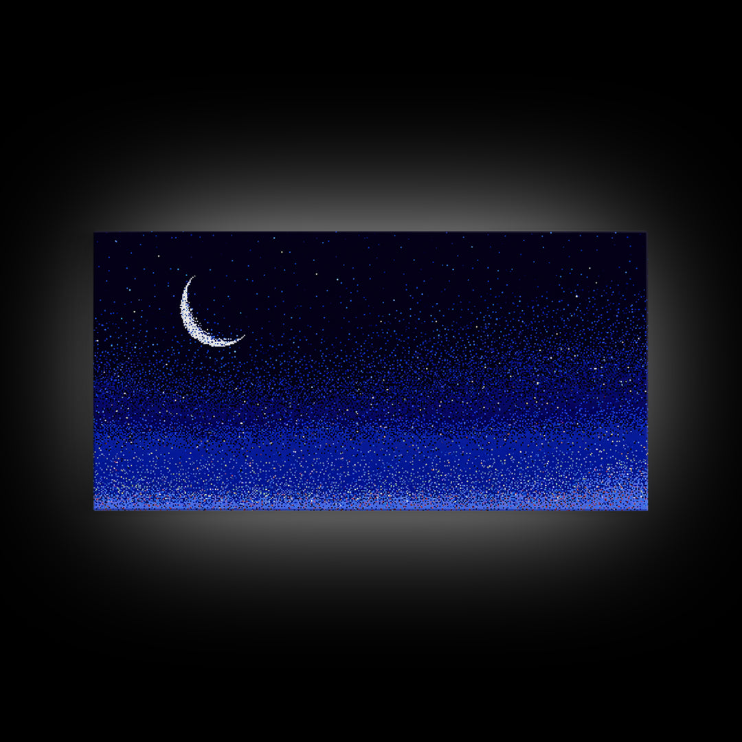Blue Crescent Moon Star Field Wall Art, Cosmic Night Sky Print, Retro Pixel Space Decor For Bedroom, Dorm Room, Or Nursery