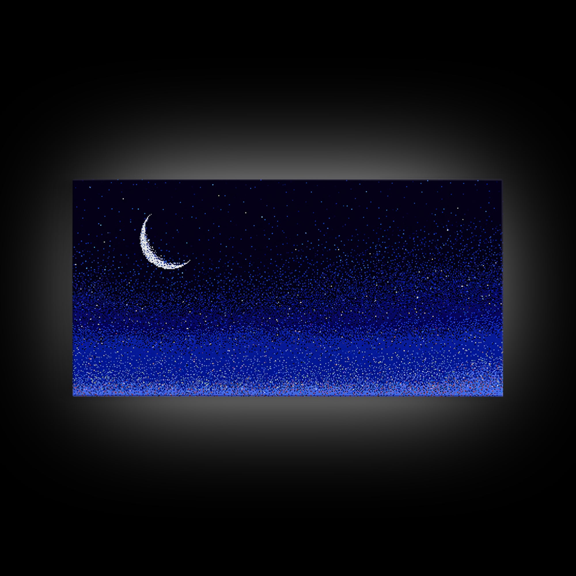 Blue Crescent Moon Star Field Wall Art, Cosmic Night Sky Print, Retro Pixel Space Decor For Bedroom, Dorm Room, Or Nursery