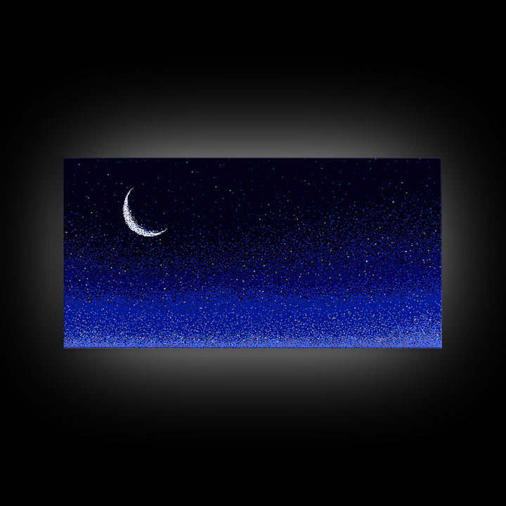 Blue Crescent Moon Star Field Wall Art, Cosmic Night Sky Print, Retro Pixel Space Decor For Bedroom, Dorm Room, Or Nursery