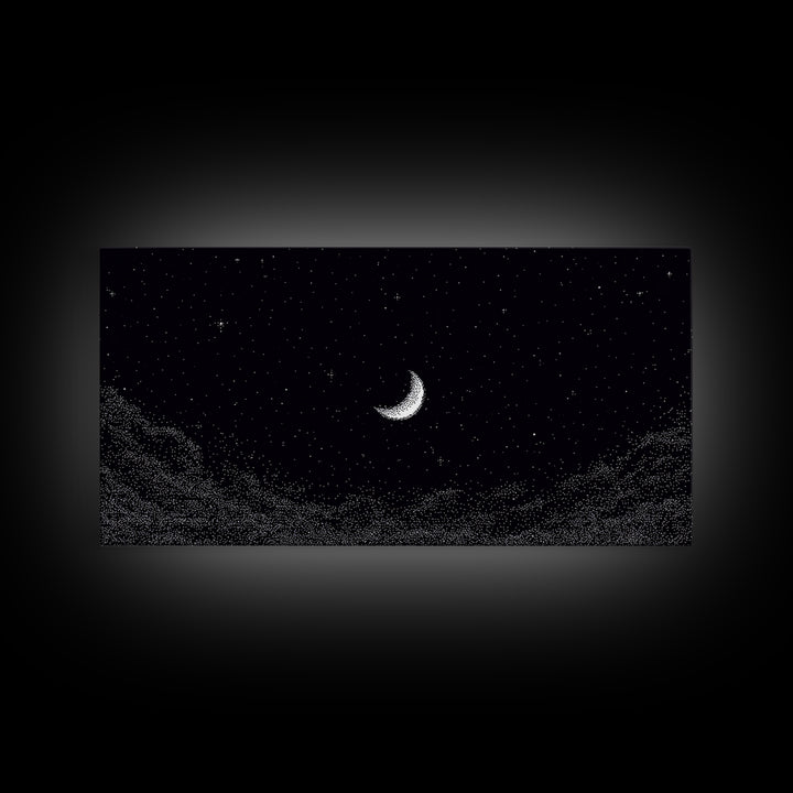 Black And White Crescent Moon Wall Art, Minimal Starry Night Sky Print, Celestial Space Decor For Bedroom Or Meditation Room