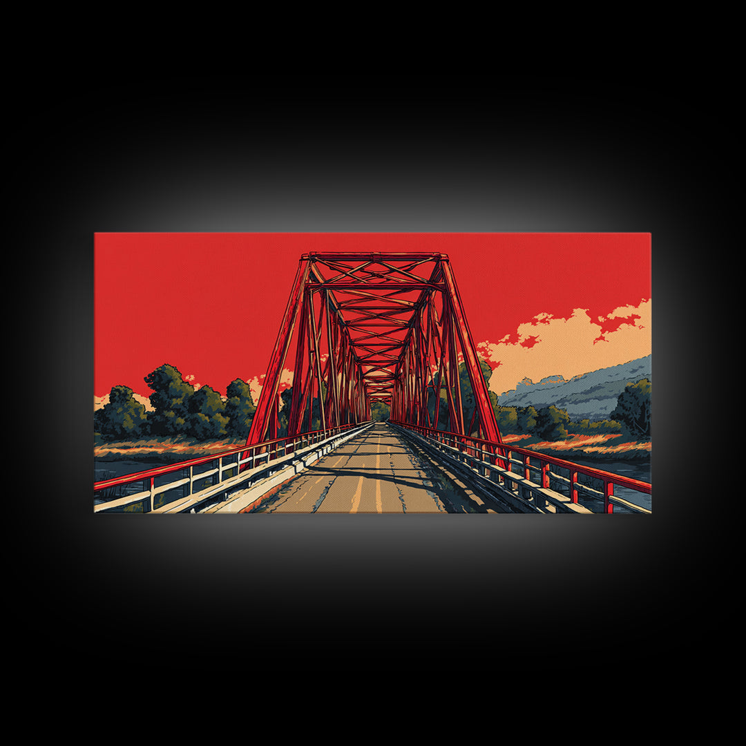 Red Steel Bridge At Sunset Wall Art, Retro Travel Poster Print, Bold Landscape Decor, Scenic Road Art For Office Or Man Cave
