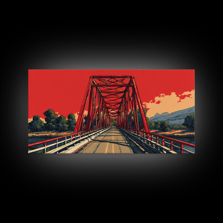 Red Steel Bridge At Sunset Wall Art, Retro Travel Poster Print, Bold Landscape Decor, Scenic Road Art For Office Or Man Cave