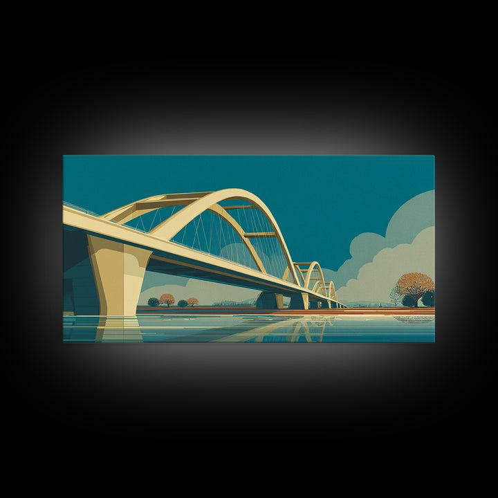Modern Arched Bridge Reflection Canvas Print, Midcentury Landscape Wall Art, Architectural Calm Water Decor For Living Room