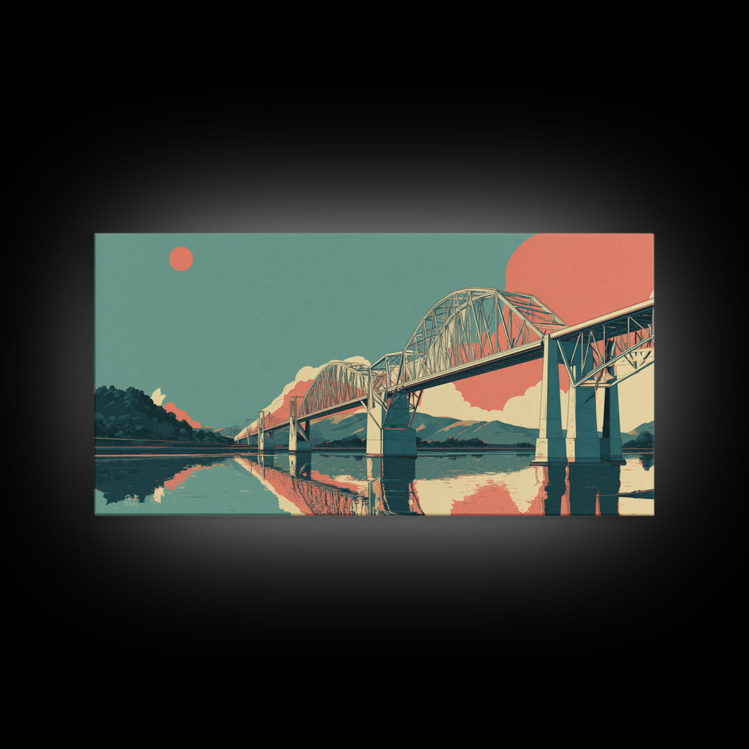 Retro Steel Bridge Sunset Wall Art, Midcentury Modern Landscape Print, Teal Orange Travel Poster, Living Room Home Office Decor
