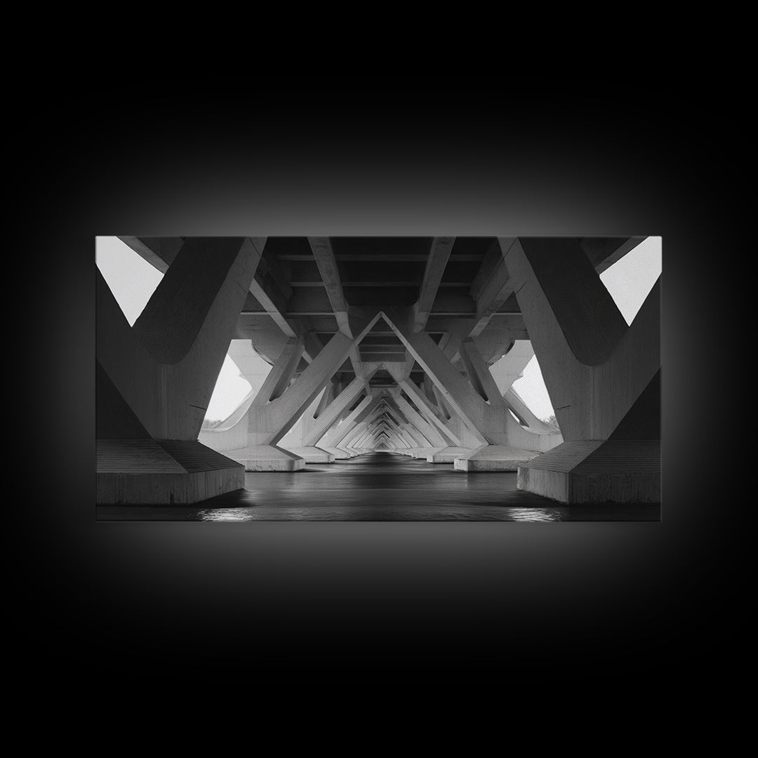Black And White Bridge Underside Canvas Print, Architectural Art, Geometric Perspective, Modern Wall Decor For Office Study