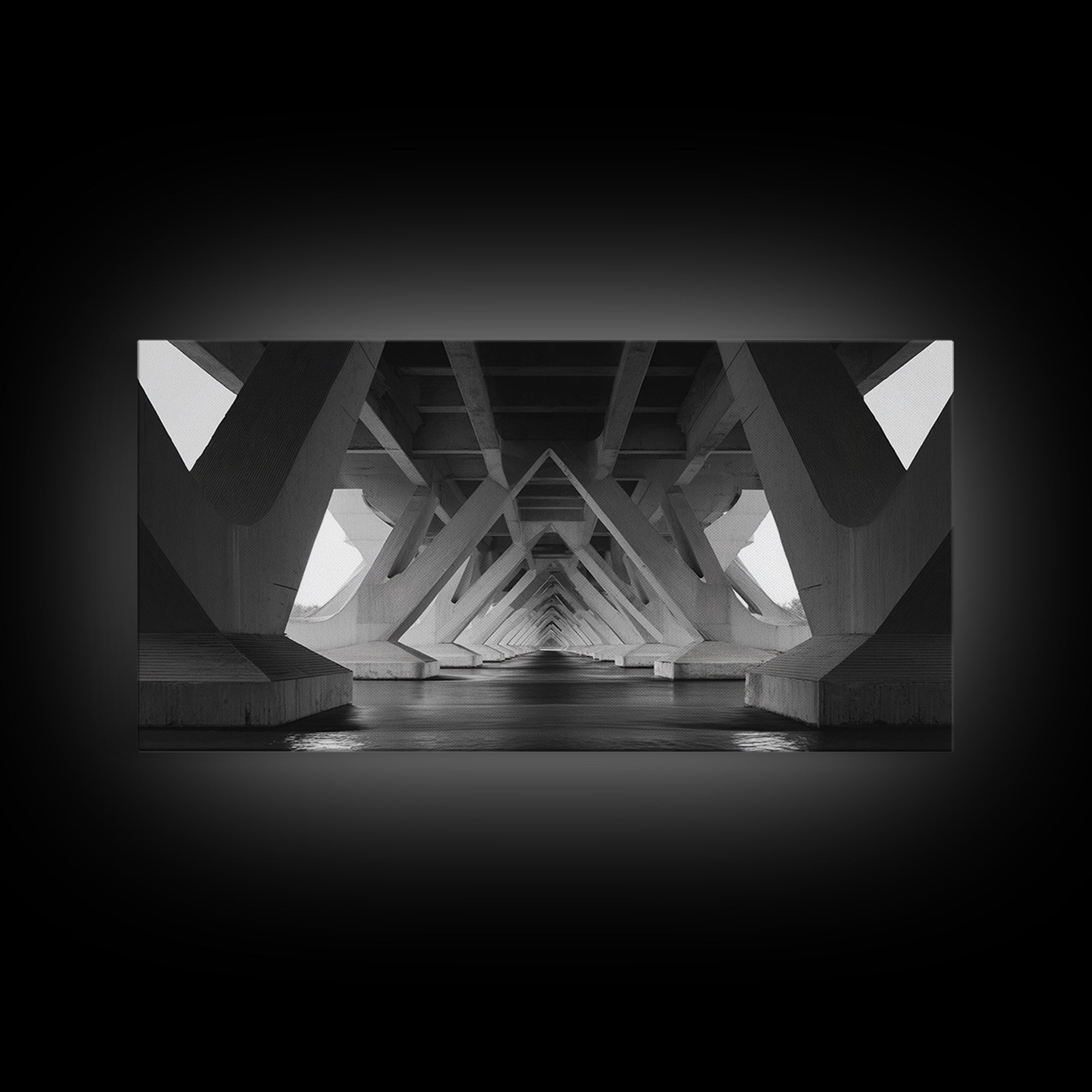 Black And White Bridge Underside Canvas Print, Architectural Art, Geometric Perspective, Modern Wall Decor For Office Study