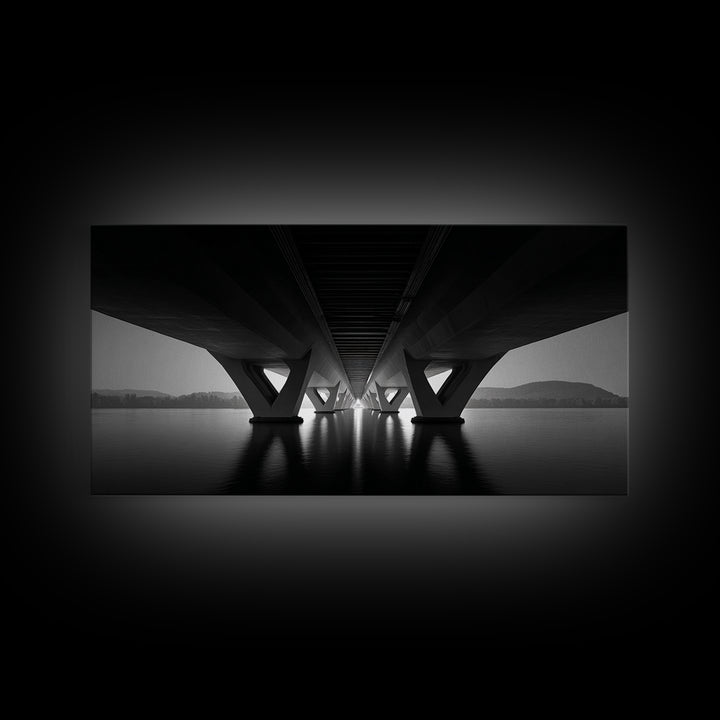 Moody Bridge Underpass Wall Art, Black And White Architectural Photography Print, Geometric Lines, Masculine Office Decor
