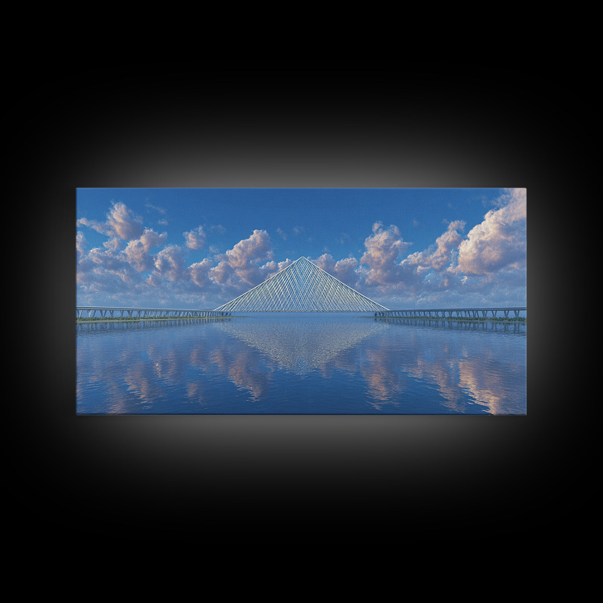 Blue Cable Bridge Reflection Wall Art, Serene Modern Landscape Print, Coastal Water Travel Poster, Living Room Office Decor