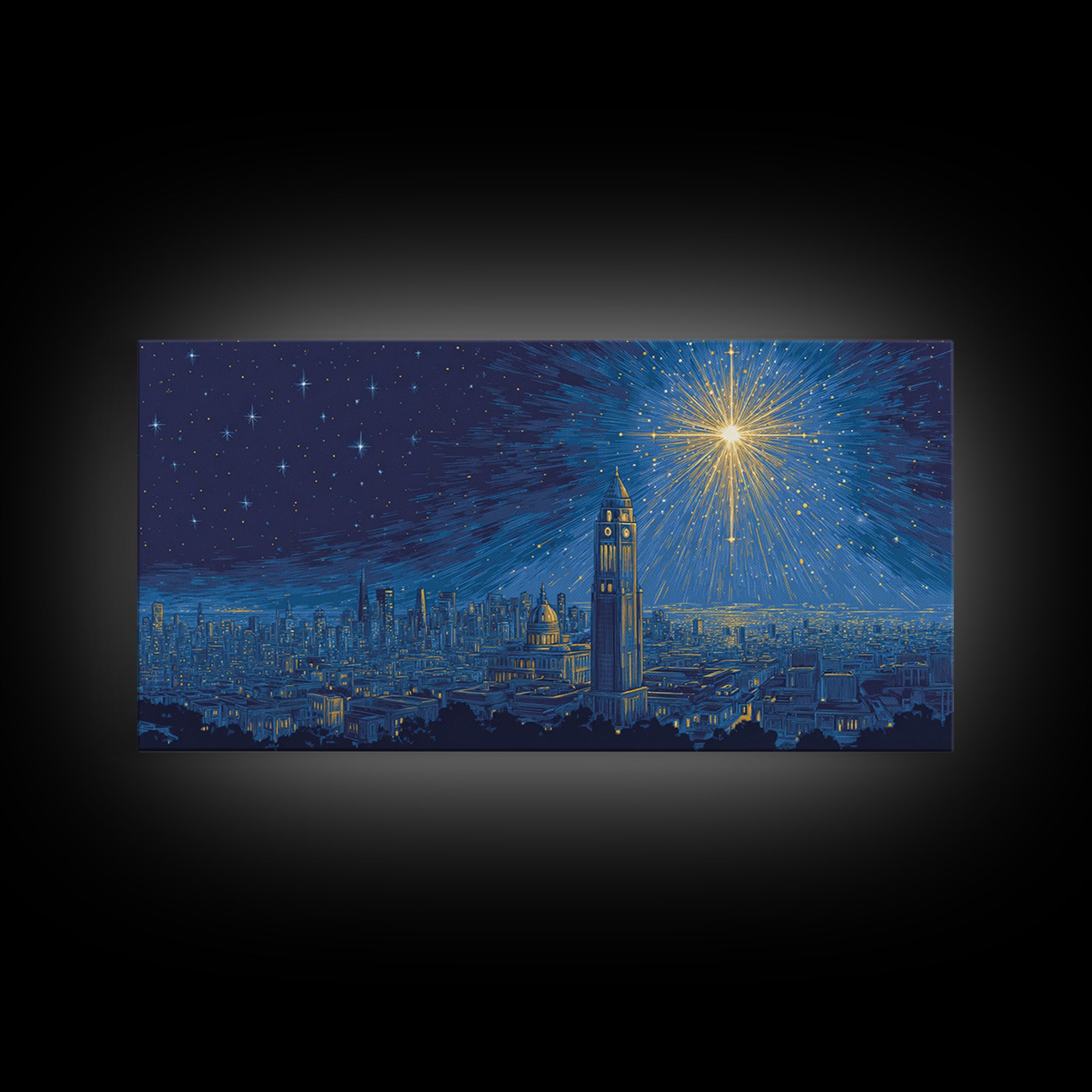 Blue City Skyline Starburst Canvas Print, Midcentury Modern Night Art, Celestial Urban Poster, Home Office Wall Decor Gift