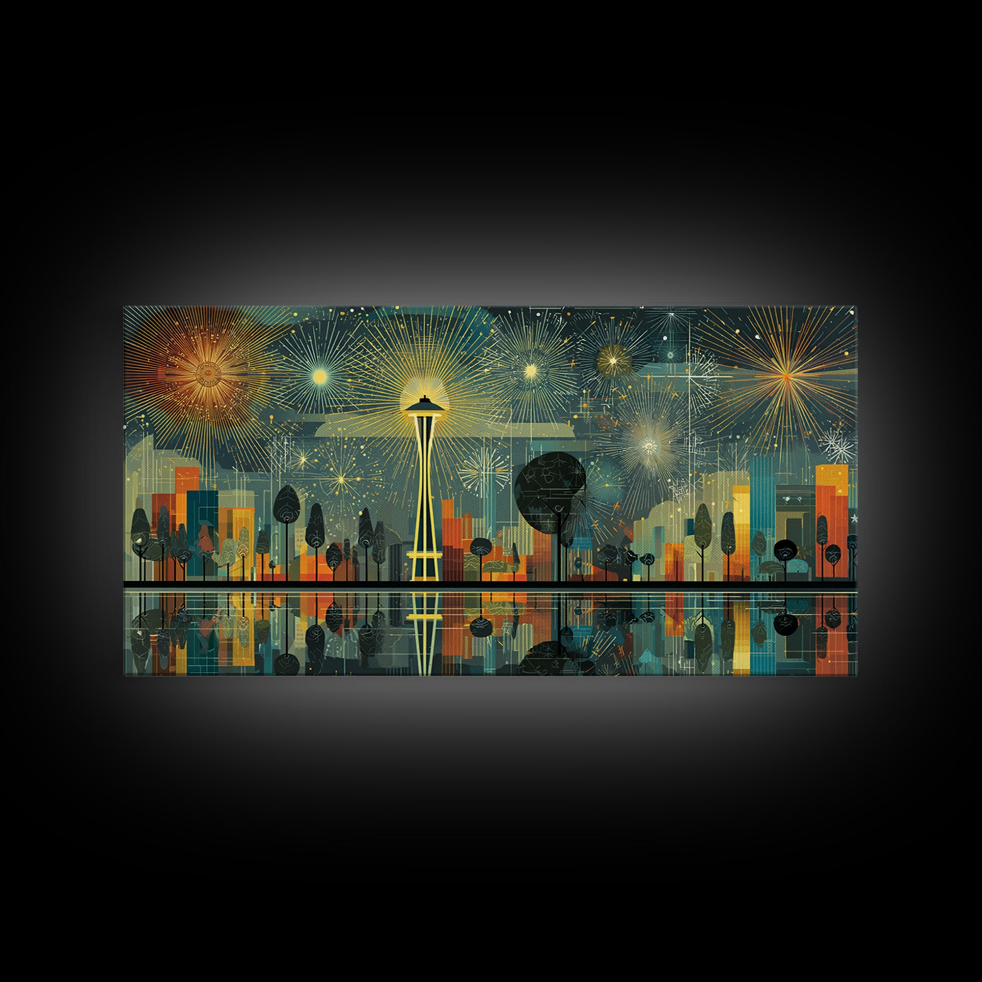 Seattle Space Needle Fireworks Wall Art, Midcentury Modern Cityscape Print, Retro Skyline Poster, Living Room Office Decor