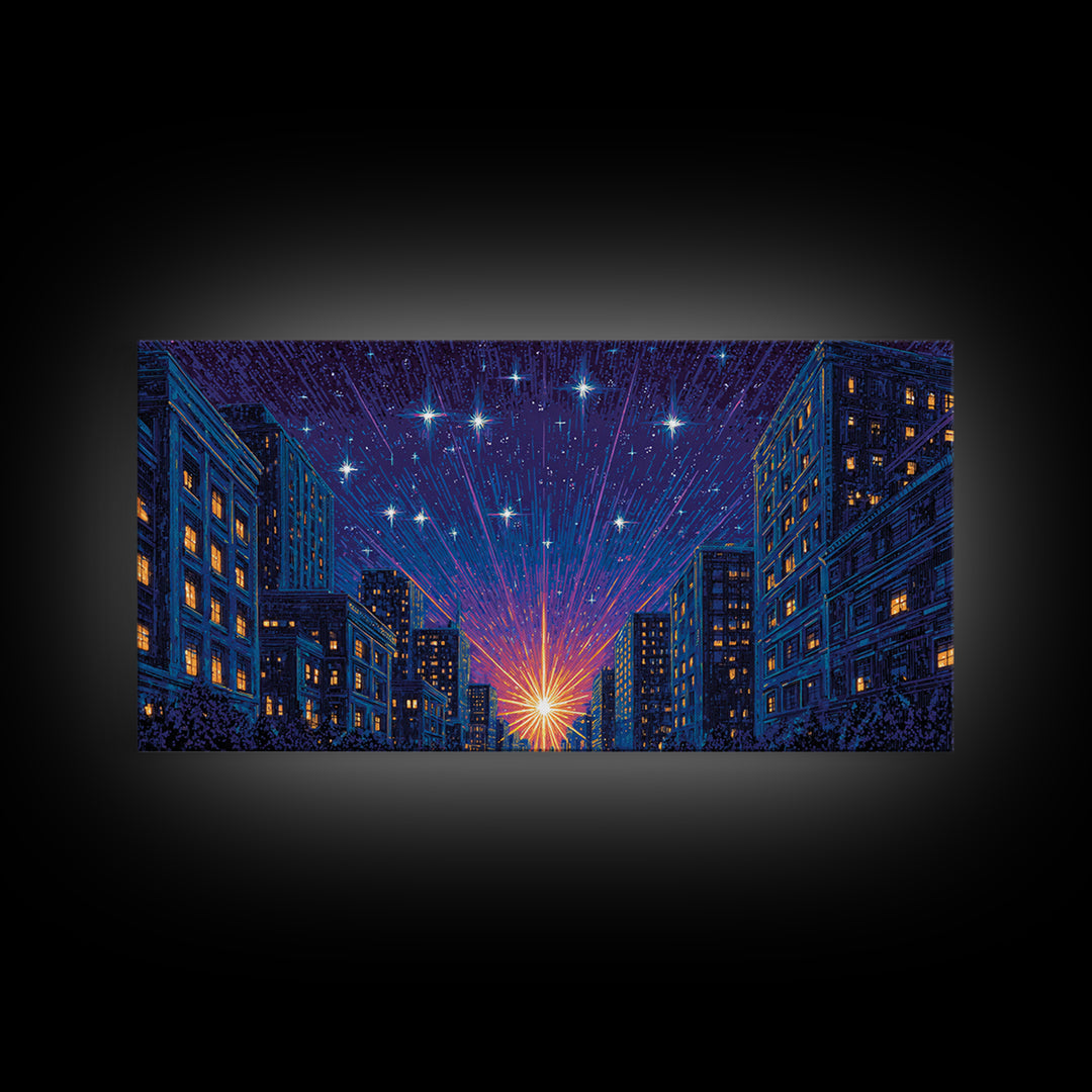 Urban Starburst City Street Wall Art, Modern Night Skyline Print, Blue Orange Retro Poster, Apartment And Office Decor Gift