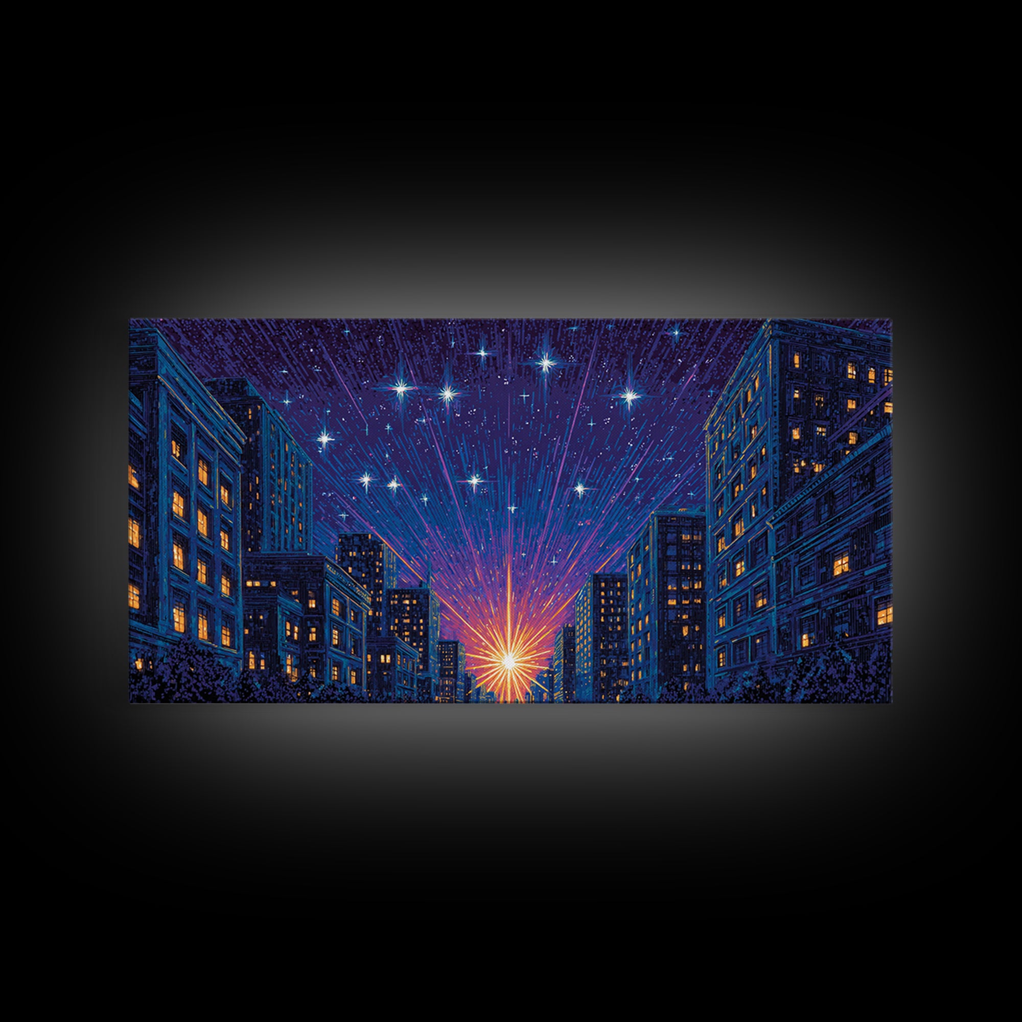 Urban Starburst City Street Wall Art, Modern Night Skyline Print, Blue Orange Retro Poster, Apartment And Office Decor Gift