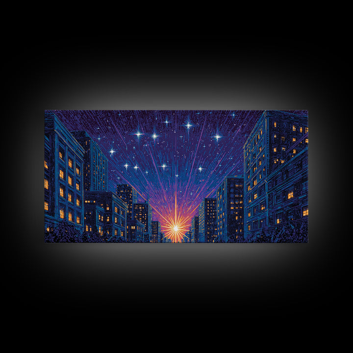 Urban Starburst City Street Wall Art, Modern Night Skyline Print, Blue Orange Retro Poster, Apartment And Office Decor Gift