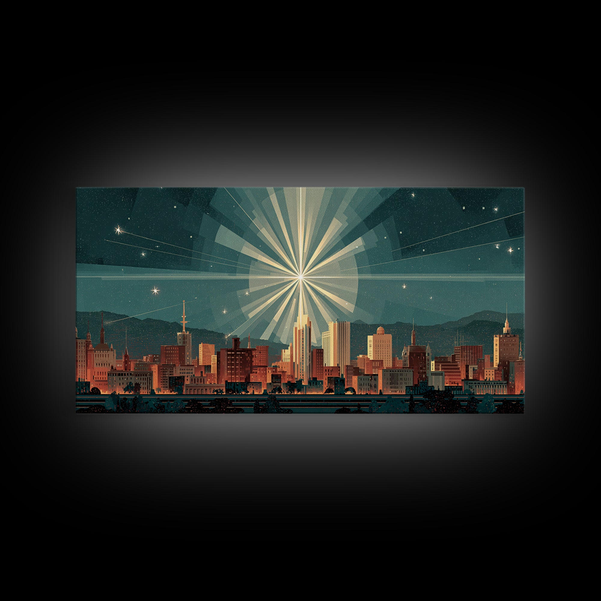 Art Deco City Skyline Wall Art, Geometric Sunburst Night Print, Midcentury Modern Poster, Teal Neutral Living Room Office Decor